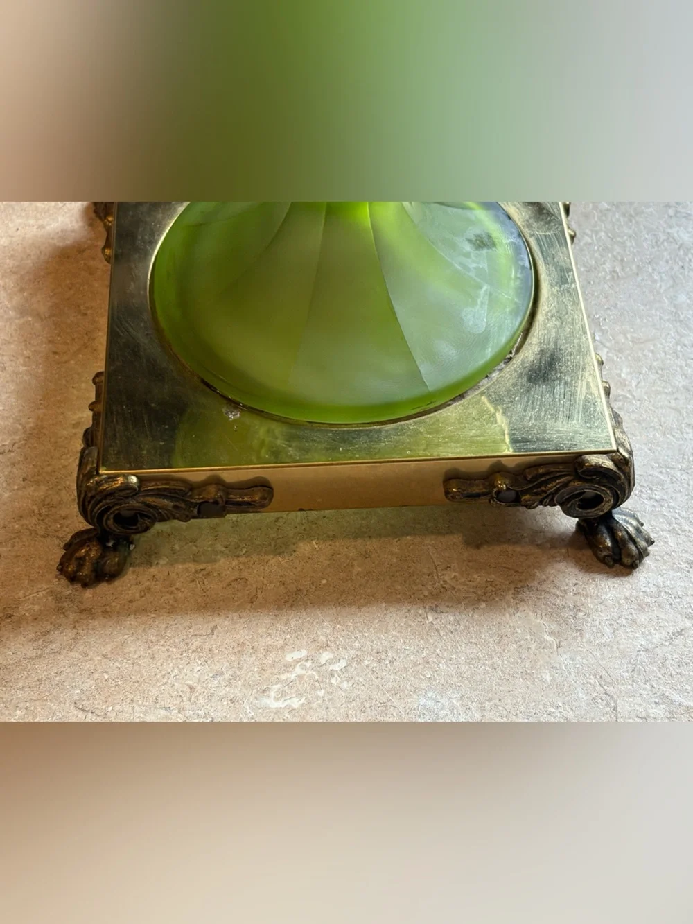 VTG OLIVE GREEN Glass Pedestal Compote with Grape Vine Motif ~ Brass Ornate Base